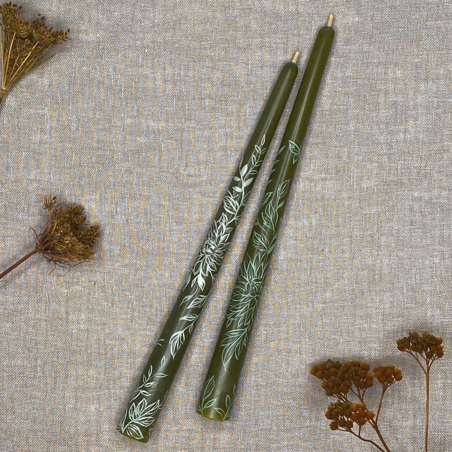 Hand painted beeswax taper candle set ‘Chrysanthemum’s + butterflies’
