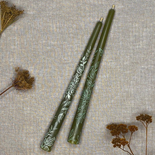 Hand painted beeswax taper candle set ‘Chrysanthemum’s + butterflies’