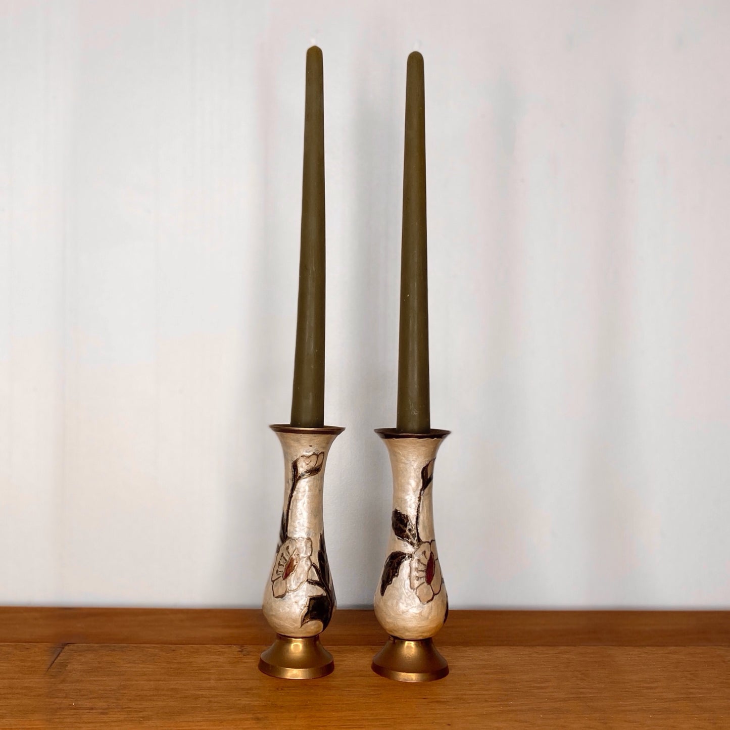 Brass Enamel Vases & Candle set
