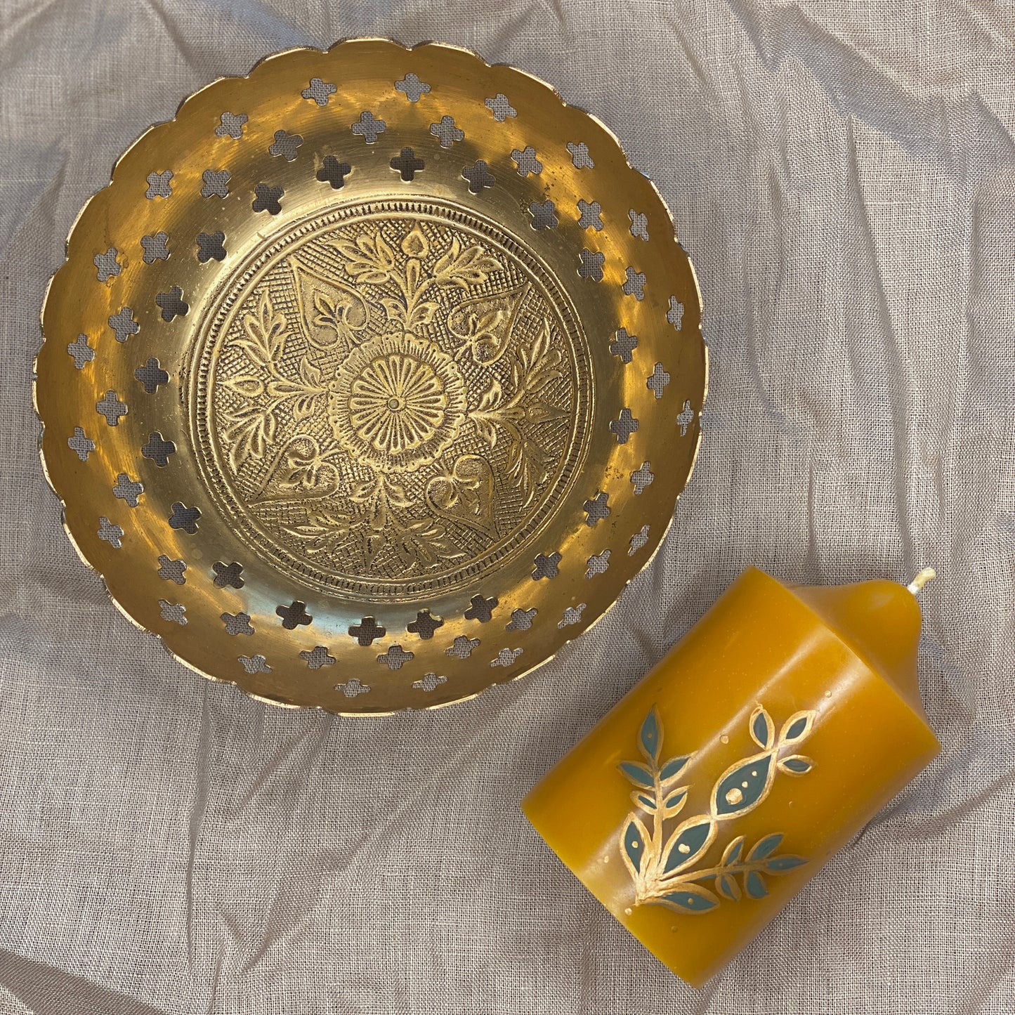 'Aurelia' Hand painted Candle and Ornate brass set
